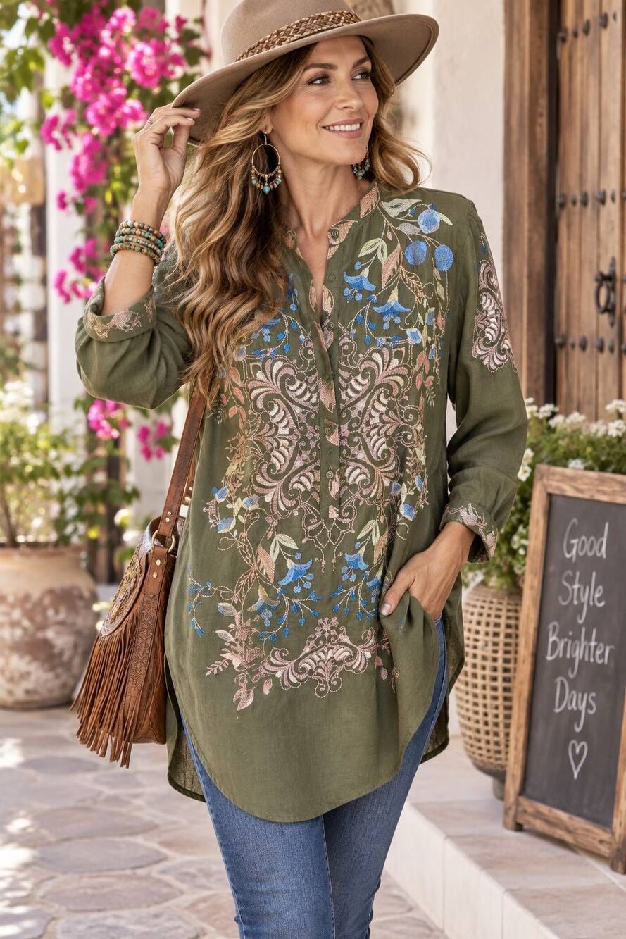 Johnny Was Womens Olive Green Floral Embroidered Boho Tunic Blouse XS
